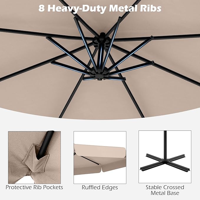 Tangkula 10FT Offset Hanging Umbrella with Cover, Patio Cantilever Umbrella w/ Easy Tilt Adjustment, Crank, Ruffled Edge, 8 Ribs, Sun-Protective Canopy, Heavy-Duty Outdoor Parasol for Pool Garden Deck (Beige)