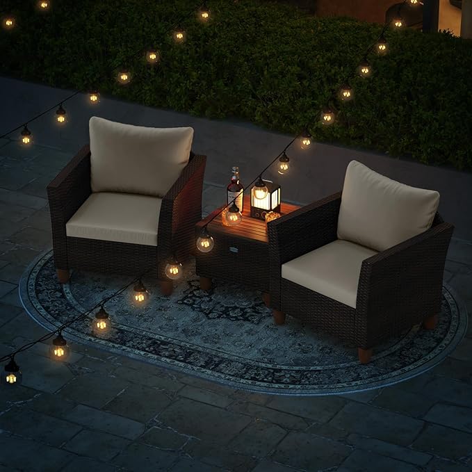 HAPPYGRILL 3-Piece Rattan Patio Conversation Set with Storage Table, Outdoor Wicker Sofa Furniture Set with Cushions for Balcony Backyard Porch