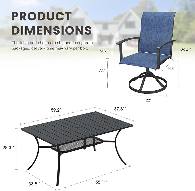 7 Pieces Patio Dining Set, Outdoor Furniture of 59.2" Rectangular Patio Table and Patio Swivel Chairs for Backyard Lawn Garden, Black Table and Dark Blue Chairs