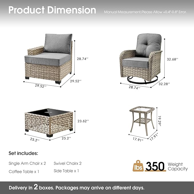 Rattan Patio Furniture Set with Swivel Chairs,6 Pieces Outdoor Sectional with Glowing Coffee Table,Out Door Furniture Conversation Set,Dark Grey