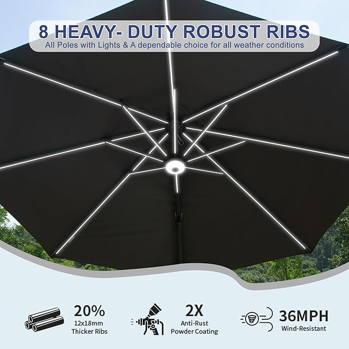 Domi 10FT Cantilever Patio Umbrella Solar Powered LED Round Deluxe Offset Umbrella, Aluminum Hanging Umbrella with 360°Rotation, Outdoor Market Umbrella for Outside Deck Backyard Garden Pool, Gray