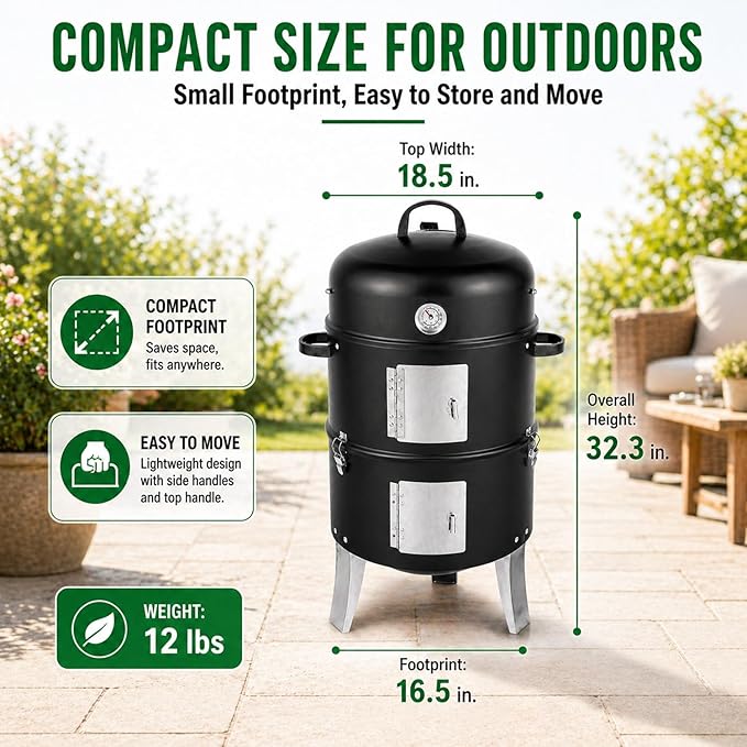 16.5 Inch Charcoal Smoker for Meat, Vertical Smoker Grill, Small Smoker for Backyard, Patio and Parties | 4-in-1 BBQ Smoker with Built-In Thermometer, Adjustable Air Vent, 2 Cooking Racks