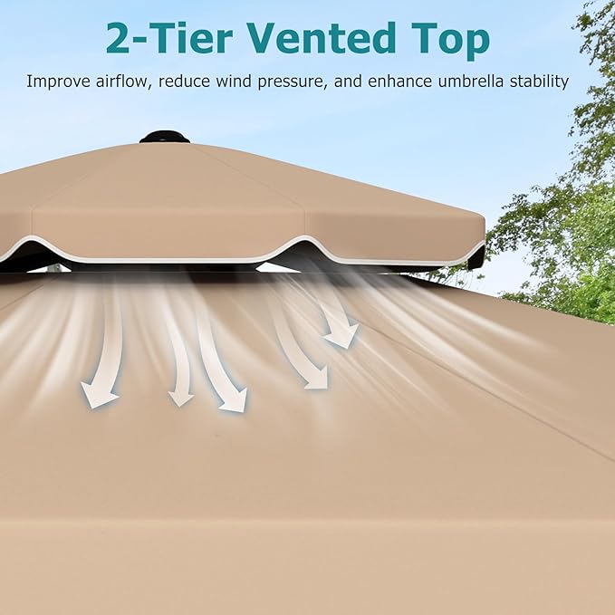 Happygrill 9 FT Patio Umbrella, Scalloped Outdoor Table Market Umbrella with Push Button Tilt & Crank, 2-Tier Vented Top, Heavy-Duty 8 Metal Ribs, Sun-Protective Canopy, Ruffle for Deck Pool Garden (Brown)