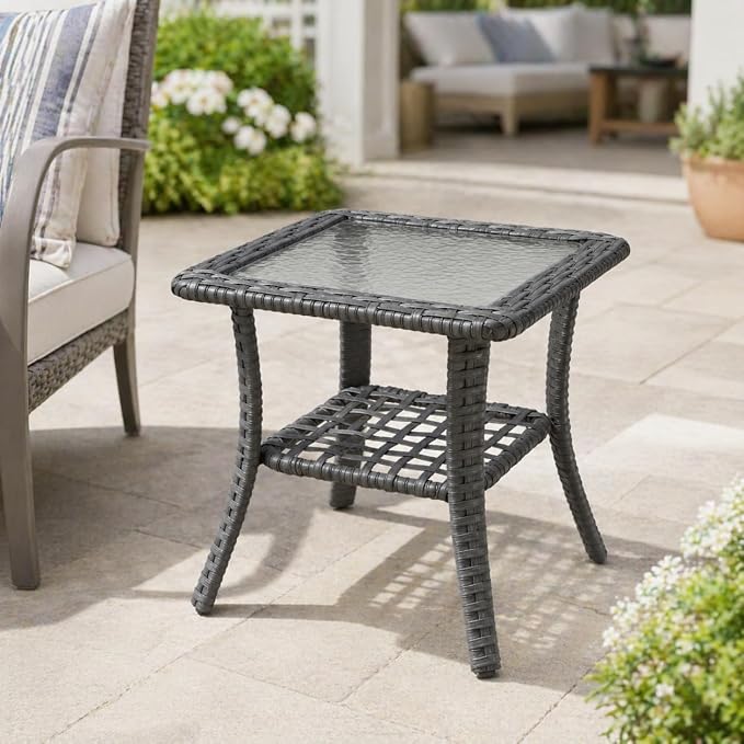 Patio Wicker Side Table - Rattan End Table with Glass Top for Outdoor Patio, Porch, Deck, Square ，Grey Wicker