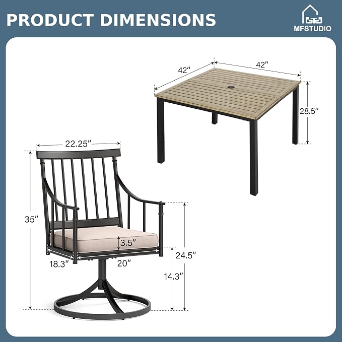 MFSTUDIO 5-Piece Patio Dining Set, Swivel Metal Chairs, Umbrella Hole | 42" Square Wood-Look Metal Table, Black, Removable Cushions