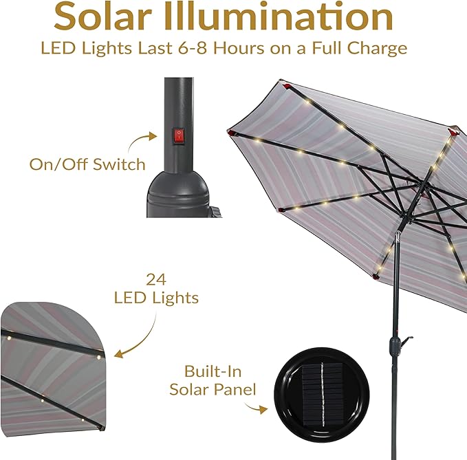 Sunnydaze 9 ft Striped Patio Umbrella with Solar Lights - Polyester LED Table Market Umbrella with Tilt and Crank - Awning Stripe