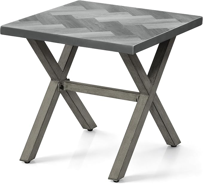 Never-Rust Aluminum Outdoor Side Table, Anti-Rust Outside Patio Side Table with Resin Tabletop, Modern Weather Resistant Square Patio End Table for Yard, Garden, Poolside, Limed Oak