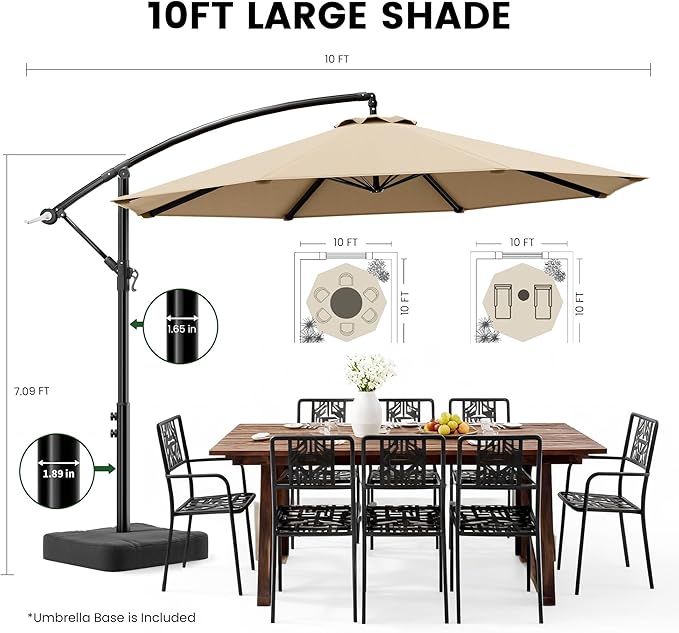 OLILAWN Cantilever Offset Patio Umbrellas, Outdoor 10 feet Large Patio Umbrella with Base Included, Upgraded Yarn-dyed Fabric Shade, Sturdy 8 Rids, 360 Degree Rotation & Easy Tilt Adjustment, for Resort Courtyard Hotel Leisure Zone Commercial Leisure T...