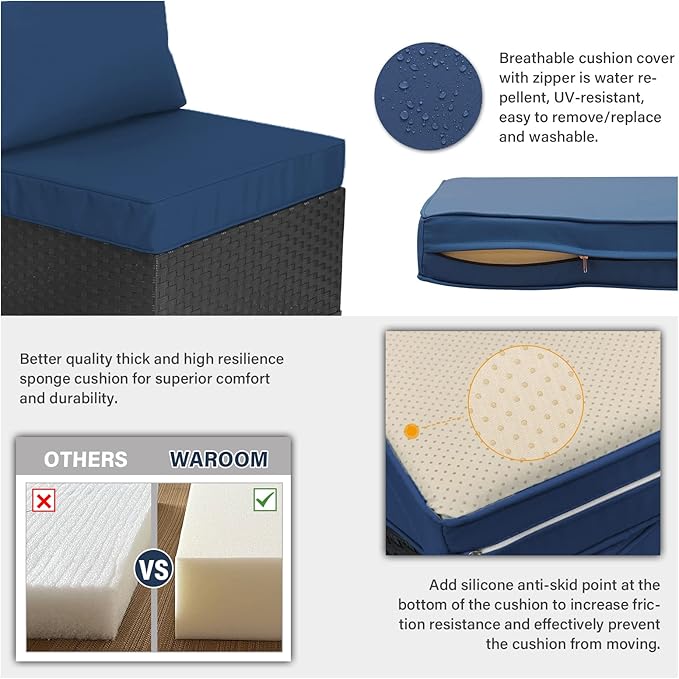 WAROOM Outdoor 5 Piece Patio Furniture Set, Black Rattan Conversation Couch Resin Wicker Sectional Sofa Outside Chair with Propane Fire Pit Table, Navy Blue Cushion