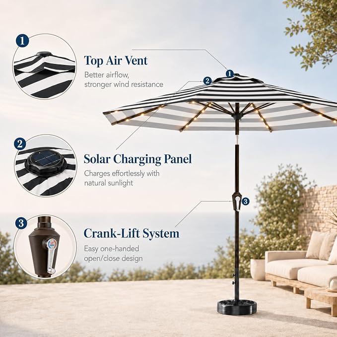 10FT Solar Patio Umbrella with Lights, Outdoor Table Market Umbrella with 32 LED Lights, 8 Sturdy Ribs, Push Button Tilt and Crank for Pool, Deck and Garden, UV-Resistant