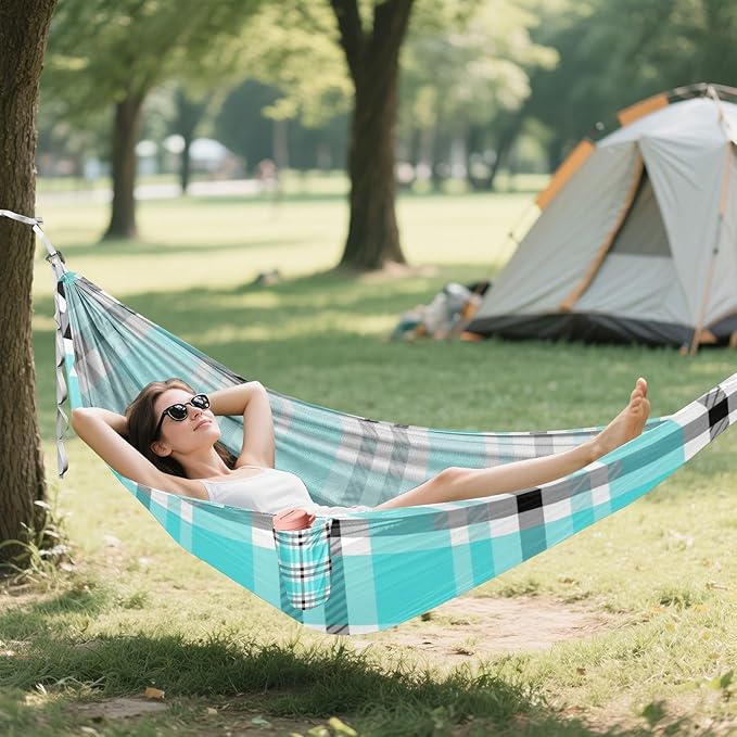 Black Whiteal Checkered Plaid 330lb Capacity Camping Hammocks with Tree Straps Hanging Hammock for Outside Patio Backyard Poolside hamaca de Algodon para Jardin