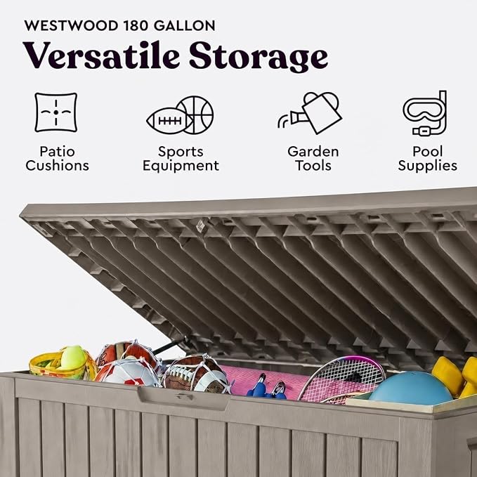 LAUSAINT HOME 180 Gallon XXL Outdoor Deck Box, Waterproof Resin Storage Box Bench with Lock, Large Patio Cushion Storage, Garden Tool Organizer, Pool Storage Container, 3-Person Seat, Light Brown