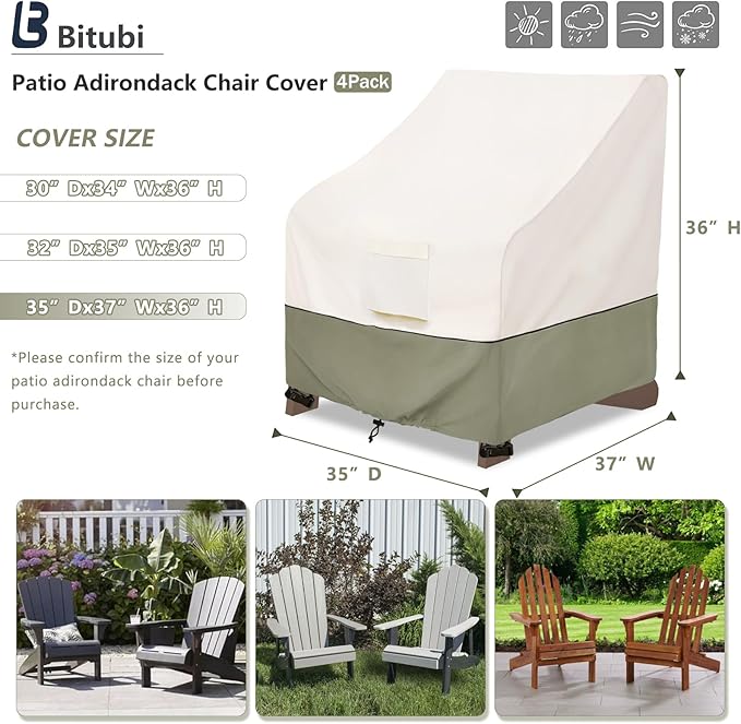 Bitubi Waterproof 4 Pack Patio Adirondack Chair Cover for Outdoor Chair Size Up to 35W x 37D x 36H inch,Outdoor Lawn Patio Furniture Covers (Beige)