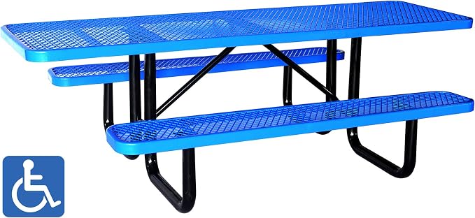 Heavy Duty ADA Outdoor Picnic Table, Expanded Metal, Wheelchair Accessible (Blue, 96)
