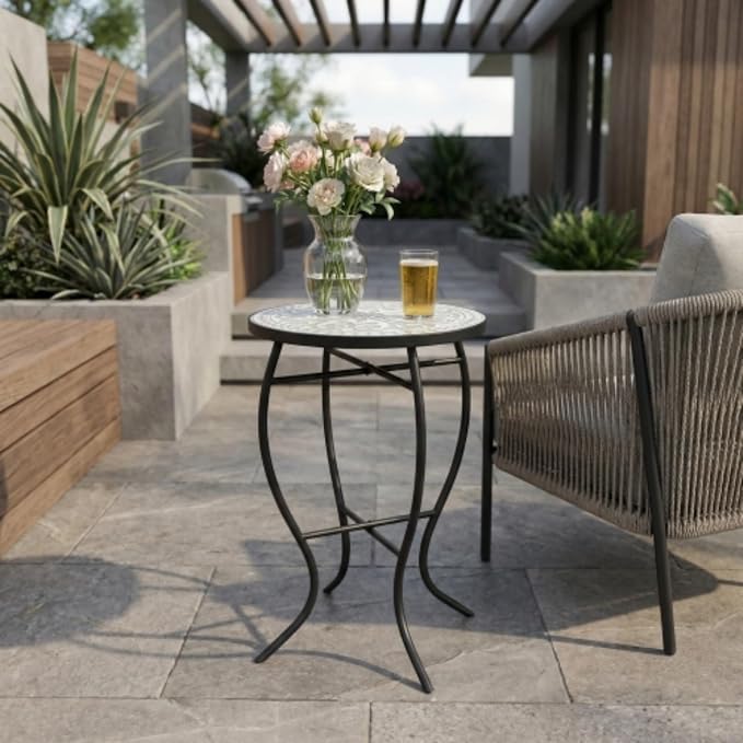 Mosaic Side Table and Plant Stand, 21" Round End Table with 14" Ceramic Tile Top, Indoor & Outdoor Accent Table, Porch Patio Furniture, Entryway & Coffee Table for Home & Garden, (Blue -1)