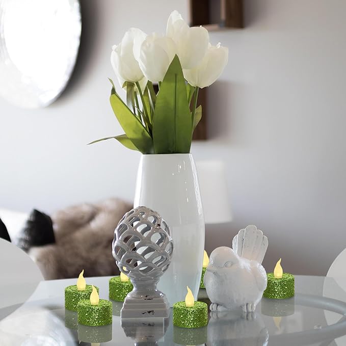 FURORA LIGHTING Green Glitter LED Tealight Candles Pack of 12, Flameless Flickering Tealight Candles for Home Décor, 1.5’’(W) x 1.65’’(H), Battery Operated
