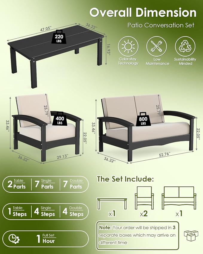 GREENVINES Deluxe 4-Piece Patio Furniture Set | HDPE Plastic | Outdoor Sectional Conversation Sets | All-Weather Couch | Sofa with Coffee Table | Black Frame w/Beige Cushion | for Porch Lawn | Black