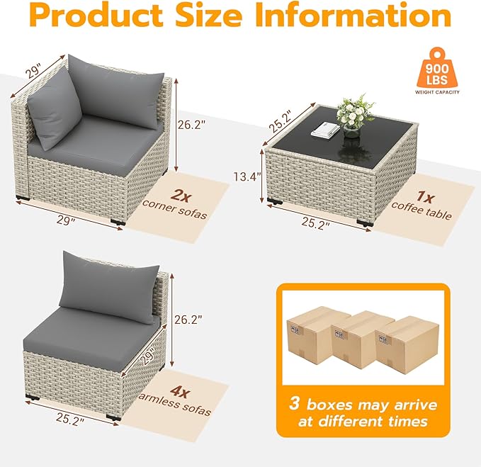 UDPATIO Outdoor Patio Furniture Set, 7-Piece PE Wicker Sectional Sofa with Tea Table, Outdoor Conversation Set for Patio, Garden, Backyard Grey