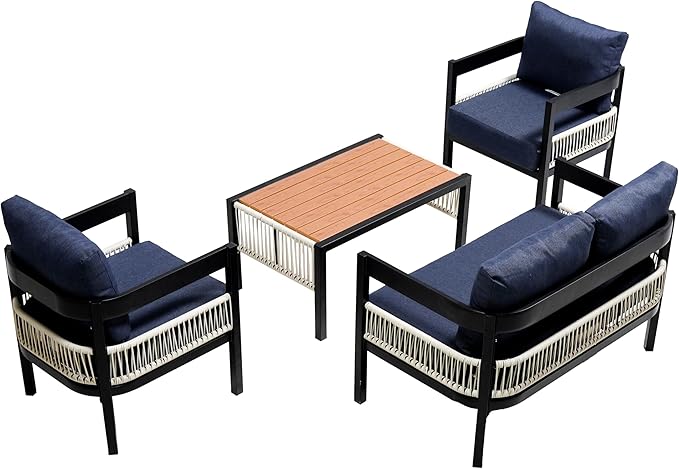 4-Pieces Outdoor Patio Sofa Set with Coffee Table, All-Weather Conversation Set with Thick Cushions and Pillows for Garden Backyard Balcony, Iron Frame&Wood Tabletop (Dark Blue-3.17)