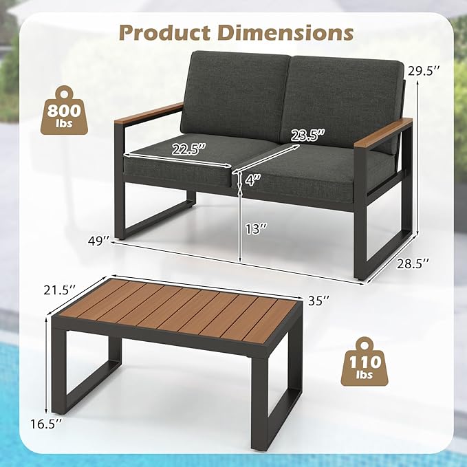 Tangkula 2 Piece Patio Aluminum Furniture Set, Outdoor Cushioned Loveseat with Coffee Table Set, with Wood-Plastic Armrests & Tabletop, for Balcony, Backyard, Poolside