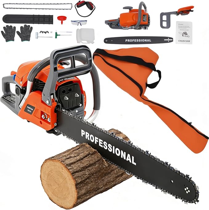 60CC Gas Chain Saw, 22inch Chain Gasoline Chainsaw 2-Stroke, 2800w Wood Cutting Self-Reset Pull Start Single Cylinder Air-Cooled Tree Felling Widened Brake Baffle Saws Tool Full Kit For Outdoor Farm