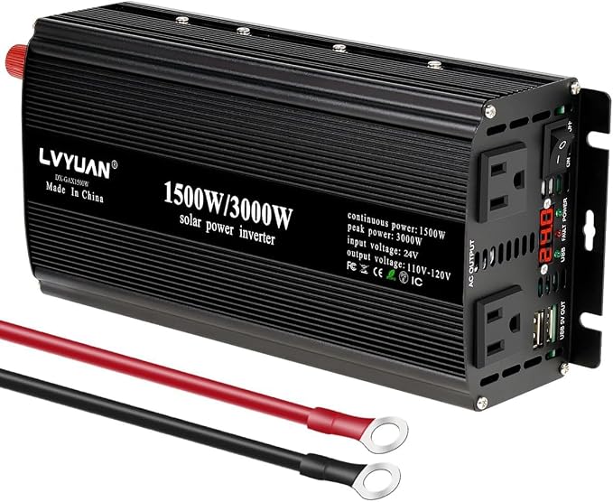 LVYUAN 1500W Power Inverter 24V to 110V DC to AC with 2 US Sockets, LED Display, USB Ports for Home, Truck, Outdoor, Camping