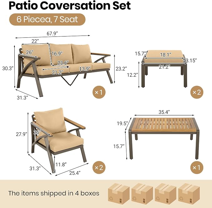 6-Piece Outdoor Patio Furniture Set, All Weather Conversation Set, Steel Frame Sofa Set with 3-Seat Couch, 2 Armchairs, 2 Ottomans & Acacia Wood Coffee Table for Backyard Garden (Brown-3.27)