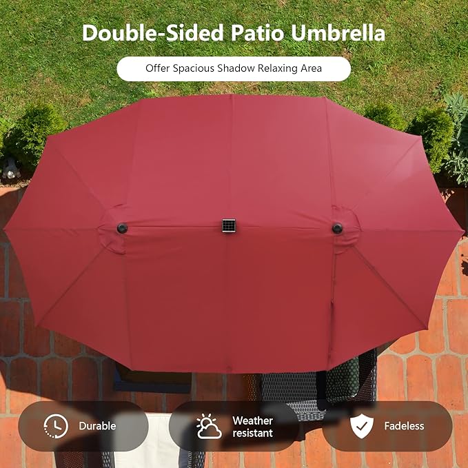 Tangkula 15 Ft Burgundy Twin Patio Umbrella with 48 LED Lights, Hand-Crank System for Poolside, Garden & Backyard Use