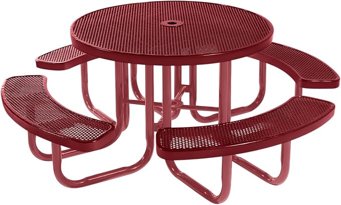 COATEDOUTDOORFURNITURE Heavy-Duty Portable Outdoor Picnic Table with Umbrella Hole, Punched Steel Commercial-Grade Patio Furniture Made in America (46" Round Top, Burgundy with Burgundy Frames)