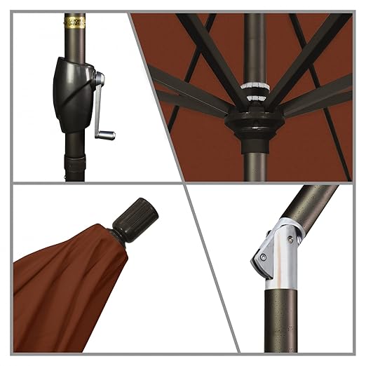 California Umbrella 9' Round Aluminum Patio Umbrella, Crank Lift, Push Button Tilt, Bronze Pole, 4-Year Non-Fading Fabric, Brick