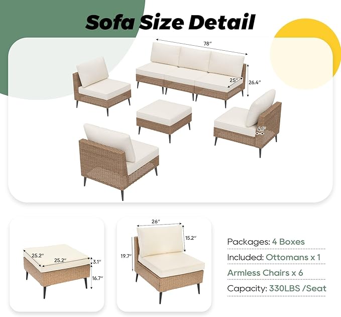 LVUYOYO 7 Pieces Outdoor Patio Furniture Set, Wicker Sectional Sofa Couch, Rattan Conversation Sets with Cushions for Deck, Backyard, Porch (Khaki)
