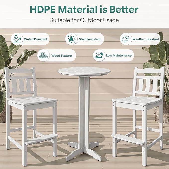 Outdoor Bar Stools Set of 4, HDPE Adirondack Bar Chairs with Backs, All-Weather High Top Patio Chairs, Heavy Duty Armless Bar Height Chair for Balcony, Garden, Deck (White, 4pcs Set)