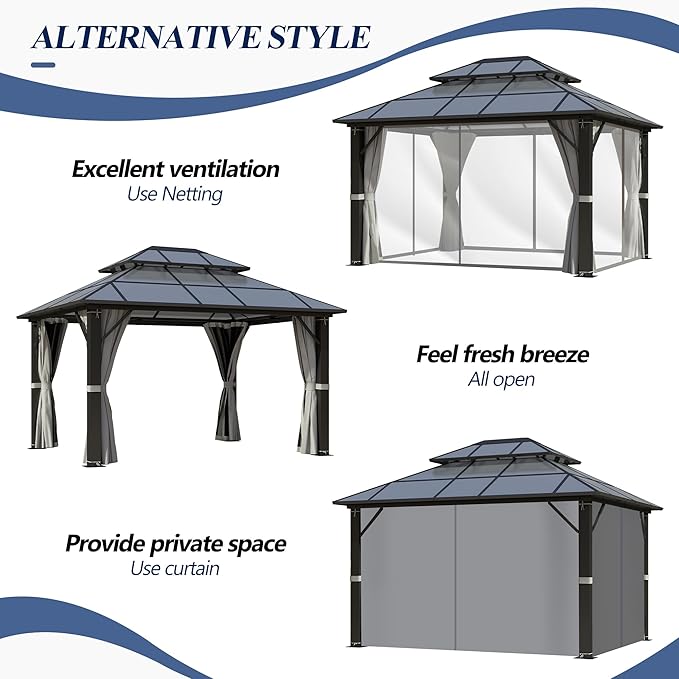 GARTOO 10x12FT Polycarbonate Hardtop Gazebo with Double Roof - Heavy-Duty Steel Frame Gazebo with Breathable Netting & Privacy Curtain for Patio, Porch, Garden, Lawn, Deck, Backyard