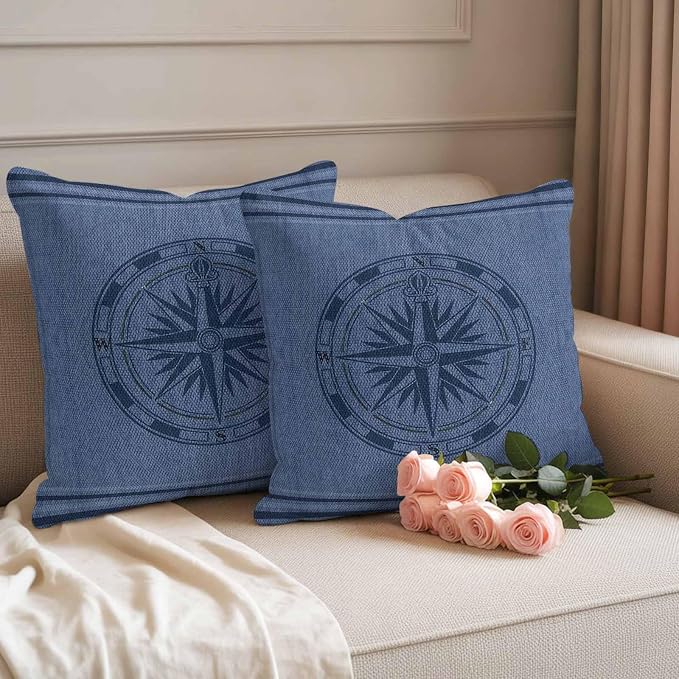 Compass Navigation Outdoor Waterproof Throw Pillow Covers Set of 2, 16"x16", Guide Letter Printing Decorative Pillow Covers Outside Cushion Case for Patio Porch Garden