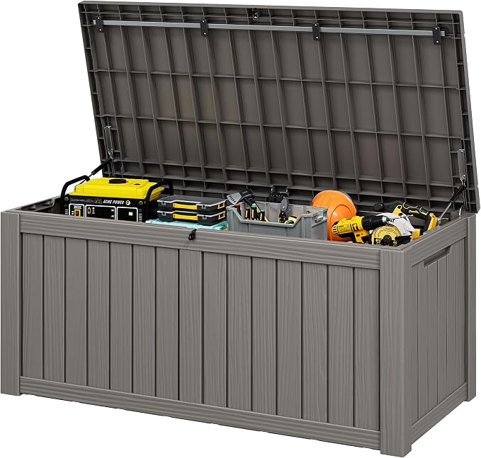 Outdoor Storage Box, 150 Gallon Resin Deck Boxes Outdoor Waterproof For Patio Furniture, Garden Tools, Pool Supplies, Lockable And UV Resistant (Striped Gray)