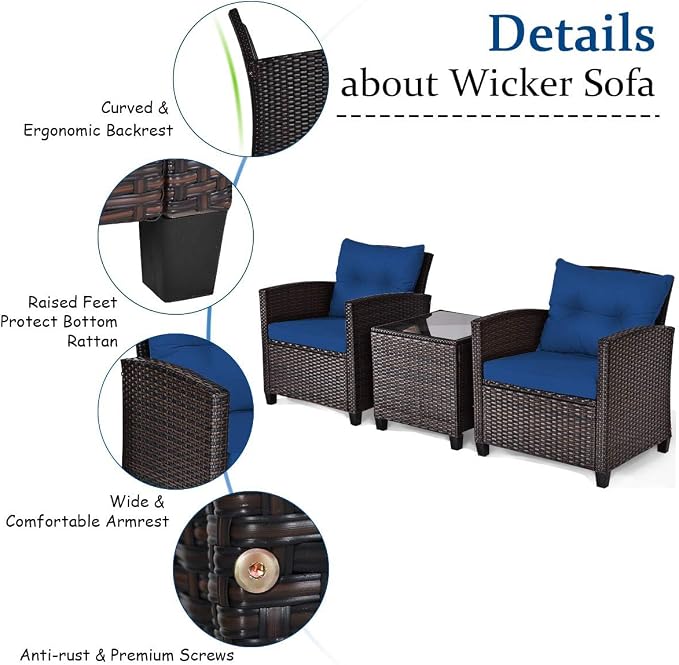 DORTALA Wicker Patio Furniture Set 3 Piece, Outdoor Table and Chairs with Tempered Glass Tabletop, Cushions, Small Rattan Conversation Sofa Set for Balcony, Porch, Backyard, Deck, Navy