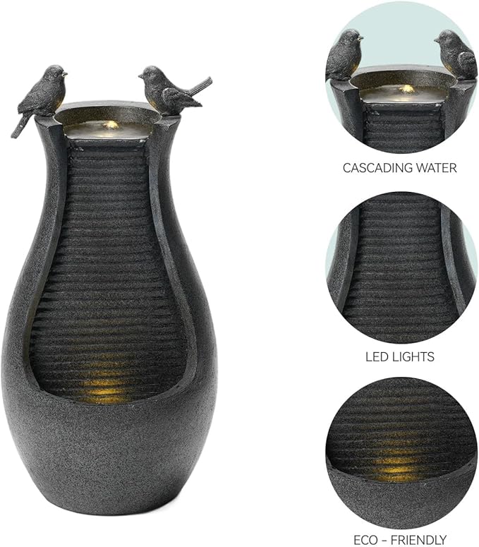 25" Outdoor Water Fountain - Durable Polyresin Bird Bath Style Waterfall with LED Lights & Adjustable Pump, Serene Water Fountain Outdoor for Garden, Patio, Deck, and Backyard Decor (25.59")