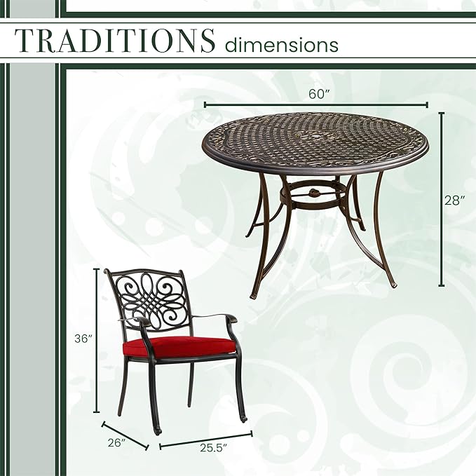 Hanover Traditions 7-Piece Outdoor Dining Set, Weather-Resistant Patio Table and Chairs Set with 6 Outdoor Dining Chairs, Plush UV-Resistant Autumn Berry Cushions, and 60 Inch Cast-top Outdoor Table