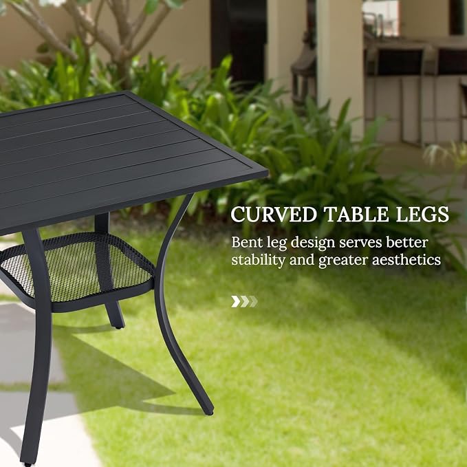 VICLLAX 3 Pieces Patio Dining Set for 2-28" Square Small Outdoor Table and 2 Patio Swivel Chairs for Lawn Garden, Black Tabletop and Blue Fabric