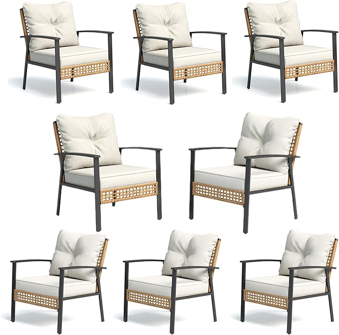 LAUSAINT HOME Outdoor Rattan Bistro Set, Patio Furniture Wicker Chairs Set of 8 with Deep Seating and Thick Cushions, Oversize Conversation Set for Garden, Balcony and Backyard (Beige)