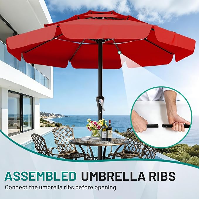 AreShark 11FT 3-Tiers Patio Umbrella with Valance, Outdoor with Crank, Large Outdoor Market Umbrellas Vented with 8 Sturdy Ribs, Patio Table Umbrellas for Garden, Deck, Backyard, Pool, Red