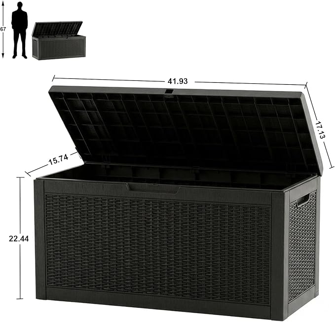 ROJIK Outdoor Storage Box, 70 Gallon Waterproof Deck Box, Weatherproof Resin Outside Storage Bin for Patio Furniture, Garden Tools, Pool Accessories, Cushion, Black