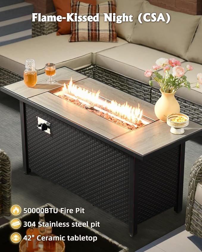 Outdoor Sectional Patio Furniture Set with Fire Pit Table,8 Pieces Wicker Conversation Sets L Shaped Couch,Extra Deep Out Door Sofa Outside Furniture with Swivel Chairs,Beige