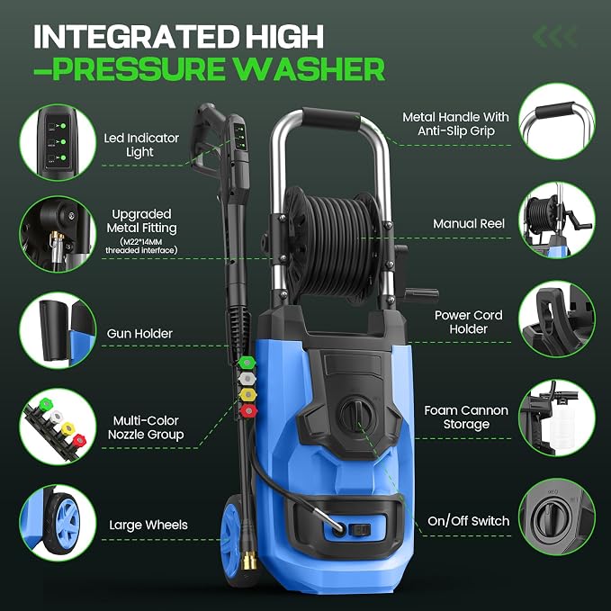 Electric Pressure Washer 5000 PSI Adjustable Pressure, Power Washer Electric Powered with 33ft Pressure Hose, 4 Nozzles and 500ml Foam Cannon, Powerwashers for Home, Blue