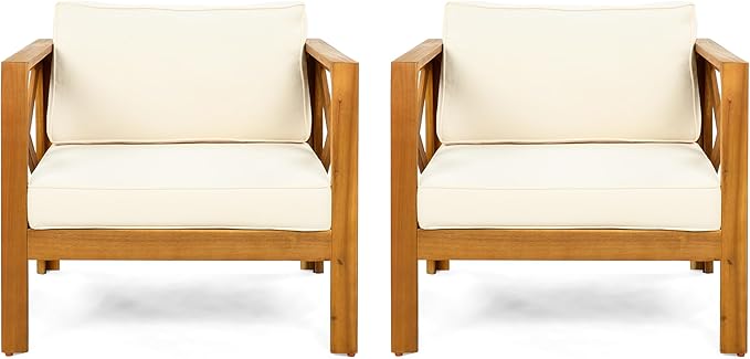 Christopher Knight Home Lucy Acacia Wood Outdoor Patio Furniture Set, 3 Pieces Patio Set, Round Side Table and ArmChairs Conversation Set with Cushion for Garden Lawn Balcony, Beige + Light Teak