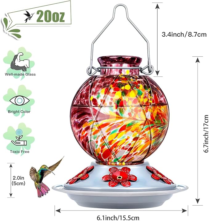 Hummingbird Feeder, BOLITE Glass Hummingbird Feeders for Outdoors Hanging, Meshy Texture Ball Shape with Ant Moat, 5 Bee-Proof Ports, 360° Perch, Leak-Proof, 20oz, Purple, Gifts for Mom Dad Women Men
