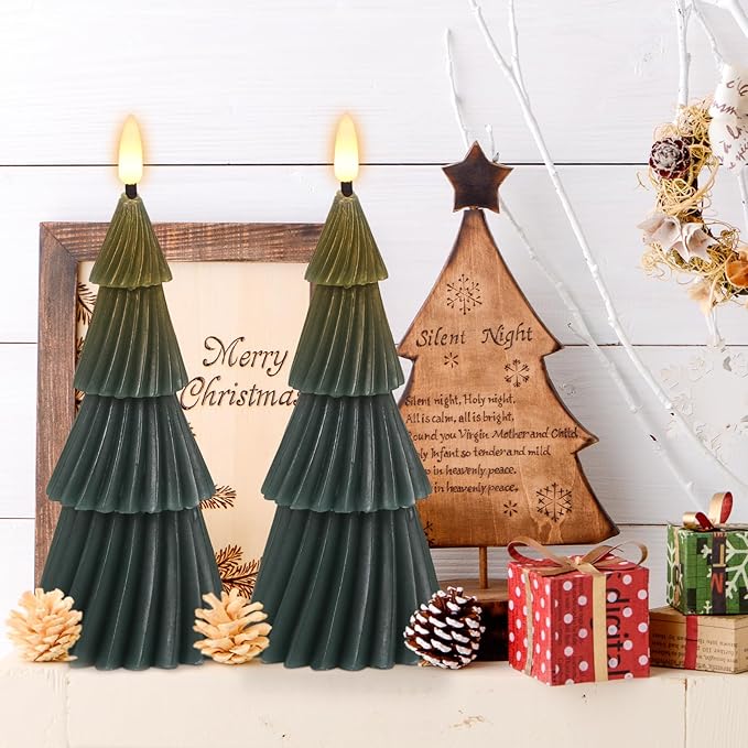 Christmas Tree Spiral Skirt-Shaped Flameless Candles with 6H Timer, 2 Pcs Battery Operated LED Pillar Candle with Flickering 3D Wick, Green Candles for Home Décor Christmas Gifts