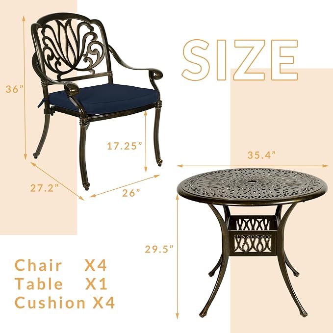 5-Piece Outdoor Patio Dining Set, All-Weather Cast Aluminum Patio Furniture Set for Backyard Garden Deck with 4 Chairs, 4 Cushions and 35.4" Round Table, 2" Umbrella Hole, Navy