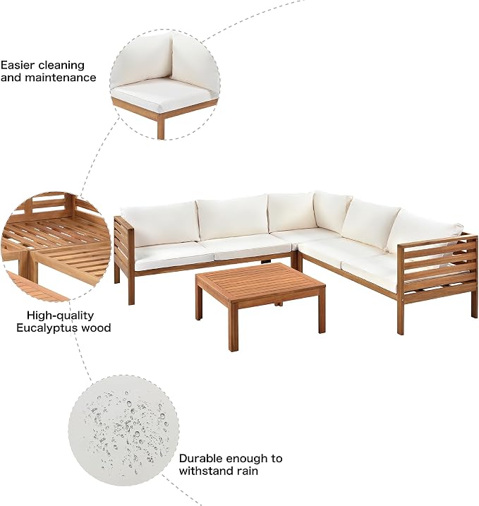 L-Shaped Wood Structure Patio Outdoor Sofa Set with Coffee Table and Cushion, Water Resistant Acacia Wood Sofa for Patio, Lawn, Yard, Pool or Backyard, Beige Cushion
