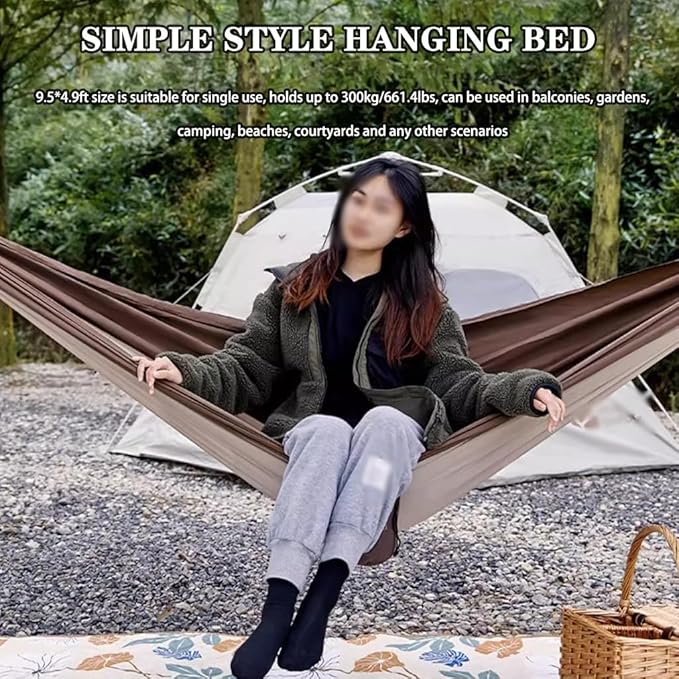 Beach Anti-Rollover Single Hammock, Ultra-Light Portable Hanging Bed with Storage Bag, for Garden Camping, Load Bearing 300kg/661.4lbs(Brown)
